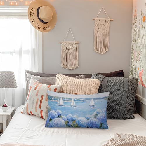 Lacama Blue Hydrangea Coastal Sailboat 12x20 Pillow Cover, Beach Home Room Decor, Ocean Nautical Beachy Flower Decorative Lumbar Throw Pillow Covers Pillowcases for Couch Bed Home Bedroom Living Room - color: Blue-hydrangea