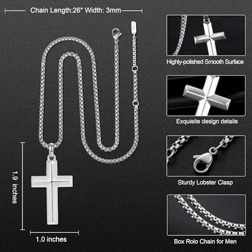 Stainless Steel Cross Necklace for Men with Adjustable Box Chain Christian Cross neckalce Gift - color: Silver-B