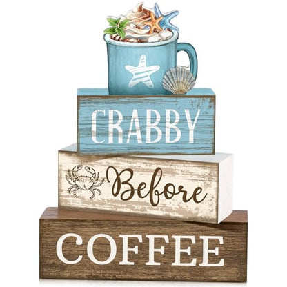 Lineshading 4 Pcs Coffee Beach Decor Wooden Blocks, Coastal Tiered Tray - style: Beach Coffee