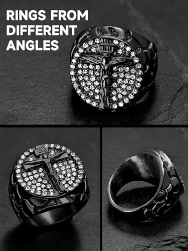 Men's Cross Ring Stainless Steel Cubic Zirconia Crucifix for Men, 18K Gold Plated, Black, Silver Religious Christian Jesus Ring, Size 7-14 - color: 03. Black-Jesus Crucifix