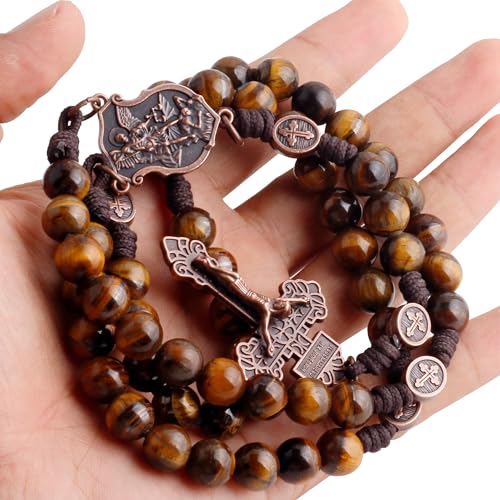 HanlinCC Stone Beads St.Michael Paracord Catholic Rosary with Bag for Men - style: Tiger Eyes