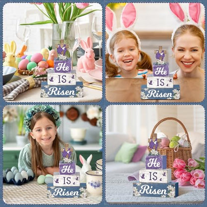4 Pcs Easter Table Decorations He Is Risen Wooden Table Sign Religious Wood Centerpiece Easter Cross Blocks Farmhouse Tiered Tray Decor for Home Kitchen Shelf Decor(Cross) - style: Cross
