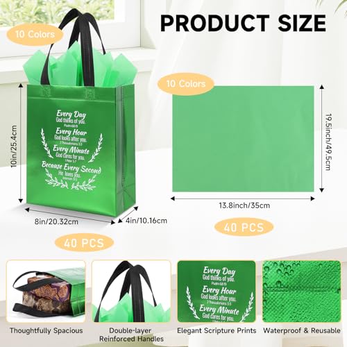 LUAVIARU 80 Pcs Bible Verse Christian Gift Bags Set – 40 Colorful Reusable Gift Bag with Handles & 40 Tissue Paper, Religious Gift Bag for Church Events, Baptism, Easter, Communion, Congratulations - color: A-Multicolor, size: 40
