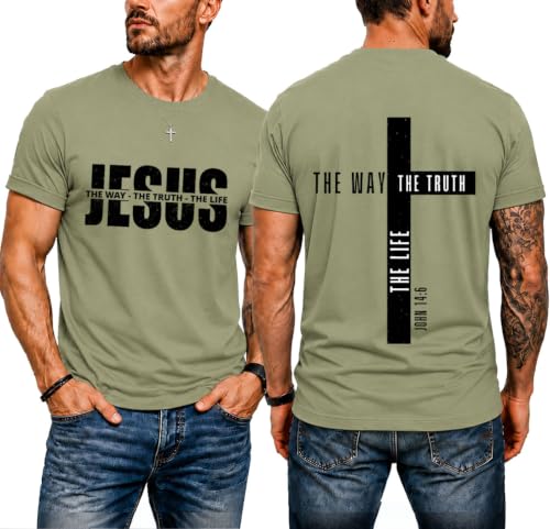Christian Shirts for Men Jesus T Shirt The Way The Truth The Life Shirts - color: Green, size: Large