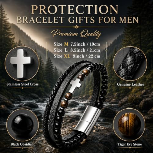 WFJ Men’s Christian Cross Bracelet Genuine Leather Multilayer with Tiger Eye & Black Beads Protection - size: Large
