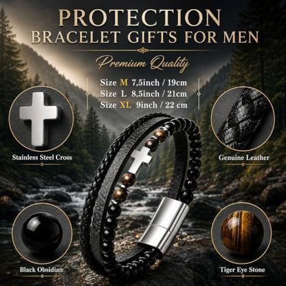 WFJ Men’s Christian Cross Bracelet Genuine Leather Multilayer with Tiger Eye & Black Beads Protection - size: X-Large