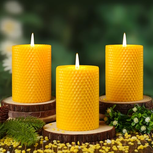 Beeswax Pillar Candles,Non-Toxic Honeycomb Bees Wax Candle for Home,Yellow - color: 2.8x4in, size: 3pcs