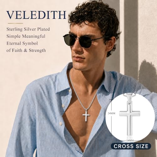 925 Sterling Silver Cross Necklaces for Mens Women CZ Beveled Edge - color: Classic small gold cross