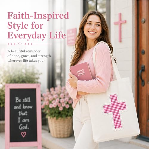 Christian Tote Bag Gift for Women, Canvas Bible Bag Handmade Floral Cross - color: White-pink Gingham
