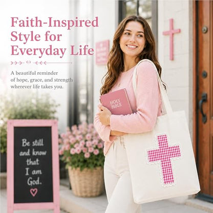 Christian Tote Bag Gift for Women, Canvas Bible Bag Handmade Floral Cross - color: White-pink Gingham