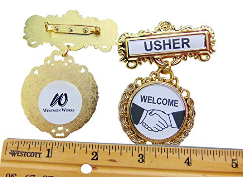Church Usher Badge Pin Set of 4 – Premium Golden Metal Welcome Usher Name Badges with Secure Pin Back, Large Easy-to-Read Hospitality Ministry Identification for Church Greeters, Volunteers, Conferences & Events