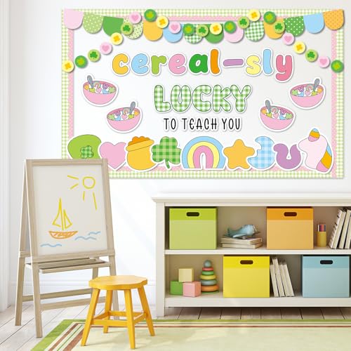 St. Patrick's Day Cereal-Sly Bulletin Board Lucky Shamrock Bulletin Board Decorations Rainbow Gold Coin Paper Cutouts for St. Patrick Party Supplies Home Classroom Chalkboard Wall Door Window Decor - style: St. Patrick's Day