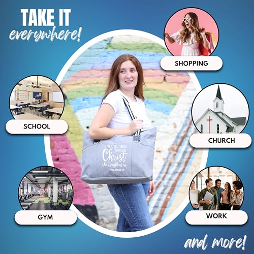 Brooke & Jess Designs Church Bags for Women - Bible Tote Bags for Women, Large Tote Bag for Womens with Zipper - color: Through Christ Gray Tessa