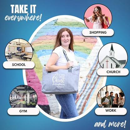 Brooke & Jess Designs Church Bags for Women - Bible Tote Bags for Women, Large Tote Bag for Womens with Zipper - color: Through Christ Gray Tessa