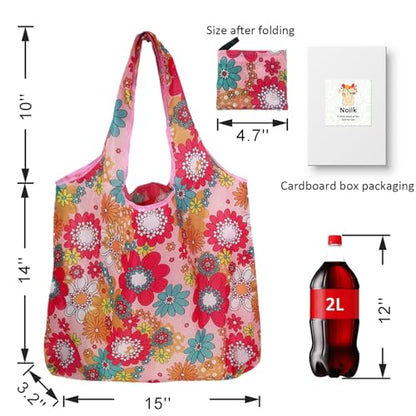 Cute Reusable Grocery Bag, 4 Pack 50Lbs compact Foldable shopping bag - color: Flower & Leaves 4 Pack