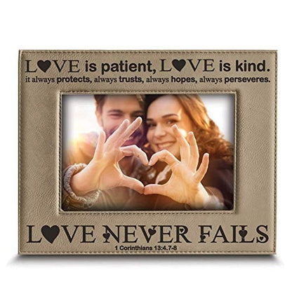 BELLA BUSTA -Love Never Fails-1 Corinthians (bible verse)-Anniversary for Her, Him-Valentines Day- Engraved Leather Picture Frame (5 x 7 Horizontal) - size: 5 x 7 Horizontal