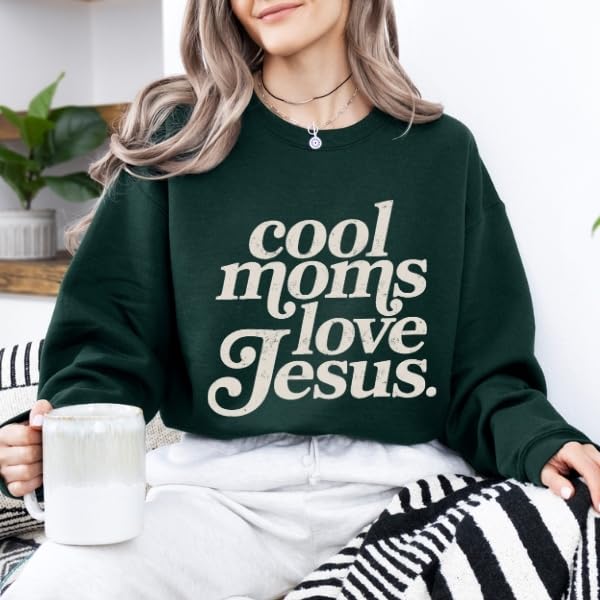 FITIN Cool Moms Love Jesus Christian Graphic Crewneck Sweatshirt – Distressed Design Faith-Based Pullover - color: Forest Green, size: XX-Large