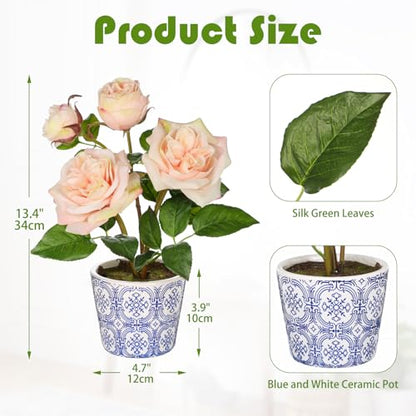 Hollyone Light Pink Real Touch Roses Artificial Flowers in Vase Blue and White Porcelain Ceramic Pot 13.4" Fake Roses Flower Arrangement Artificial Plants & Flowers Potted Plant Faux Silk Rose Flower - color: Rose 3 - Light Pink (13.4inch)