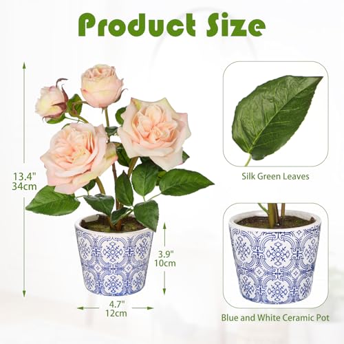 Hollyone Light Pink Real Touch Roses Artificial Flowers in Vase Blue and White Porcelain Ceramic Pot 13.4" Fake Roses Flower Arrangement Artificial Plants & Flowers Potted Plant Faux Silk Rose Flower - color: Rose 3 - Light Pink (13.4inch)