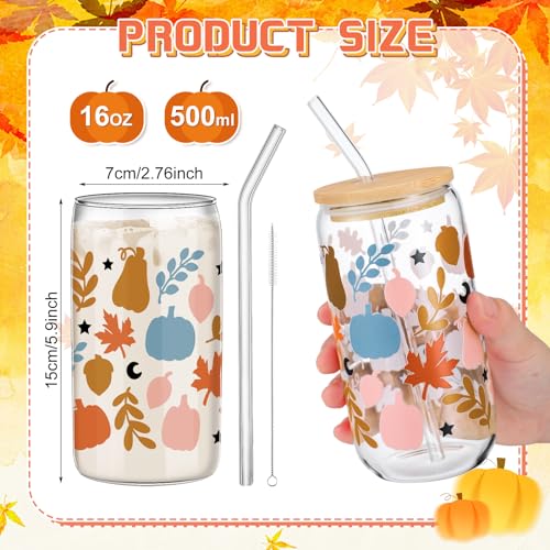 SiliFine 6 Pcs Fall Pumpkin Glass Cups, 16 oz with Lids and Straws - style: Harvest