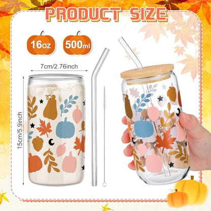 SiliFine 6 Pcs Fall Pumpkin Glass Cups, 16 oz with Lids and Straws - style: Harvest