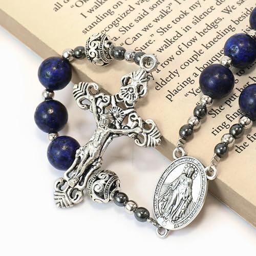 Nazareth Store Genuine Rosary Stone Beads Necklace Metal Beaded Glory Beads Miraculous Medal & Silver Cross Crucifix For Men and Womens - color: Blue Lapis Lazuli