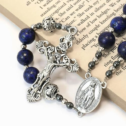 Nazareth Store Genuine Rosary Stone Beads Necklace Metal Beaded Glory Beads Miraculous Medal & Silver Cross Crucifix For Men and Womens - color: Blue Lapis Lazuli