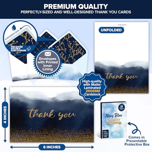 Decorably 24 Pack Glittery 6x4in Navy Blue Thank You Cards with Envelopes - style: Navy Blue