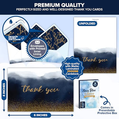 Decorably 24 Pack Glittery 6x4in Navy Blue Thank You Cards with Envelopes - style: Navy Blue