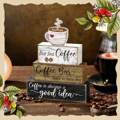 Moucuny 4 Pcs Coffee Bar Sign Wooden Blocks with Cup Topper Coffee Decor - style: Coffee Bar