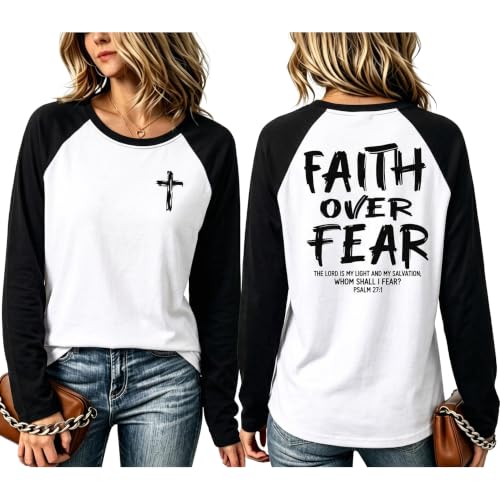 Christian Shirts for Women Faith Over Fear Shirt Jesus Long Sleeve Shirts - color: Black, size: XX-Large