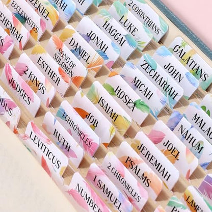 Bible Tabs For Women, 66 Large Print Laminated Bibles Chapters Index Tabs and 39 Blank Dividers Sticky Labels, Cute Beauty Feather Bible Study Supplies, Journaling Accessories, Christian Gifts for Men - style: P-feather