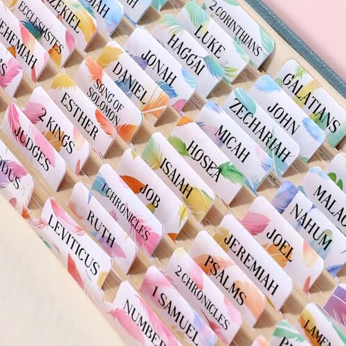 Bible Tabs For Women, 66 Large Print Laminated Bibles Chapters Index Tabs and 39 Blank Dividers Sticky Labels, Cute Beauty Feather Bible Study Supplies, Journaling Accessories, Christian Gifts for Men - style: P-feather