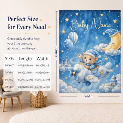 Custom Baby Blanket for Boys, Personalized Baby Blanket with Name for Gift - color: Cute Little Bear - Airplane