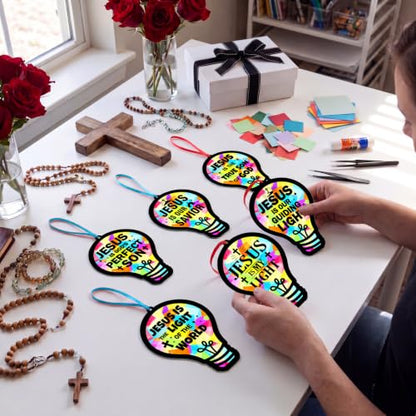 48PCS Sunday School VBS Crafts Bulk: Paper Lightbulb Cross Nativity Suncatchers, Religious Christian Activity DIY Kits Church Decorations, Window Stained Glass Effect Art Supplies(Jesus Style) - style: colorful bulb cross