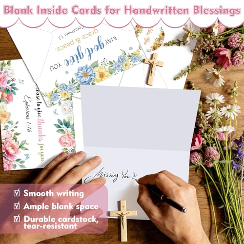 IANFEPH 50 Pack Religious Christian Thank You Cards with Envelopes Stickers 4x6 Inch Floral Baptism Blank Inside Notes 10 Designs Bible Verse Greeting Cards for Wedding Communion Baby Shower