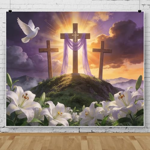 Easter He is Risen Backdrop 10x10ft Cross Holy Lights Religious Easter Photo Backdrops for Photography Christian Resurrection Sunday Holy Week Large Banners for Church Decorations Background - color: Purple, size: 10x10ft