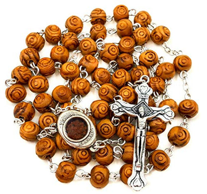 Nazareth Store Natural Olive Wood Rosary Beads Hand Carved Five Decade Catholic Rosary with Jerusalem Holy Soil Medal and Cross Terra Santa Rosaries