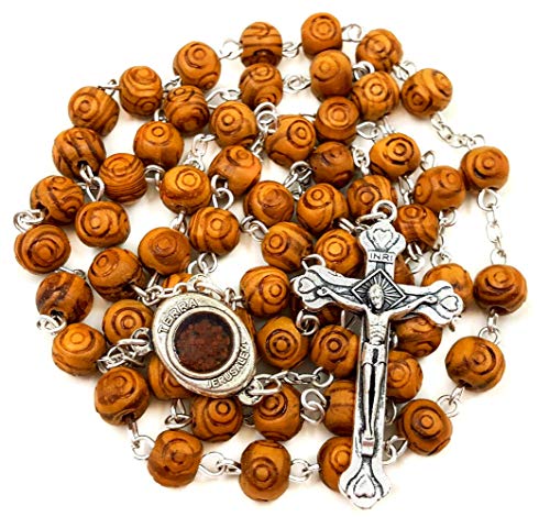 Nazareth Store Natural Olive Wood Rosary Beads Hand Carved Five Decade Catholic Rosary with Jerusalem Holy Soil Medal and Cross Terra Santa Rosaries