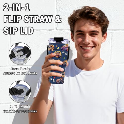 Monster Truck Tumbler with Top Handle and Flip Straw Lid 20oz Stainless Steel Insulated Travel Cups for Boys - Christmas Birthday Ideas for Monster Truck Kids Coffee Mugs - color: Truck02