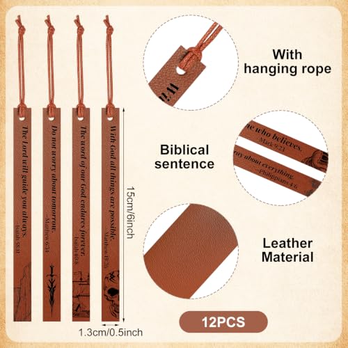 12 Pcs Leather Bible Bookmarks for Men with Scripture Verses, 6 Inch - color: Brown