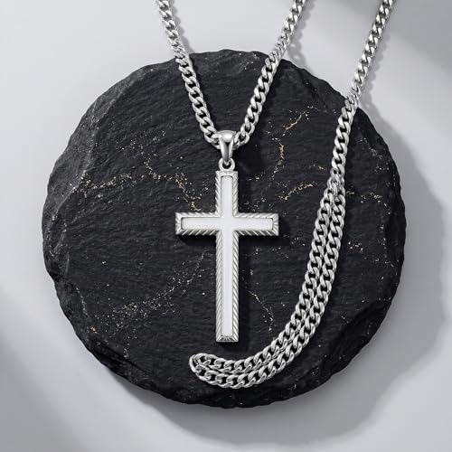 MRENITE Silver Natural Stone Cross Necklace, Classic Latin Cross Pendant Necklace for Unisex Women Man, Vintage Crystal Quartz Cross Necklace with 20+2 Inches Adjustable Cuban Chain - style: White Jade