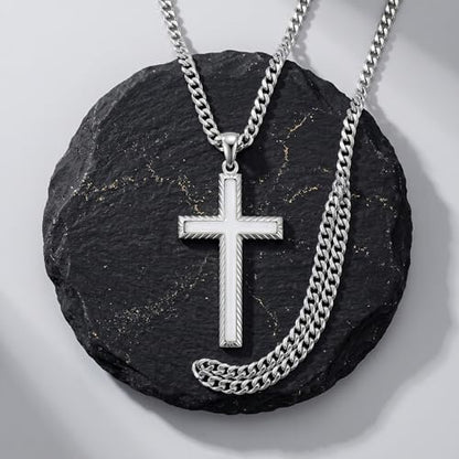 MRENITE Silver Natural Stone Cross Necklace, Classic Latin Cross Pendant Necklace for Unisex Women Man, Vintage Crystal Quartz Cross Necklace with 20+2 Inches Adjustable Cuban Chain - style: White Jade
