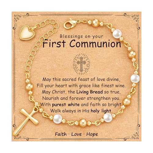 First Communion Confirmation Baptism Godmother Gifts for Teen Girls Women, Catholic Christian Cross Pearl Bracelet - color: Gold, size: First Communion