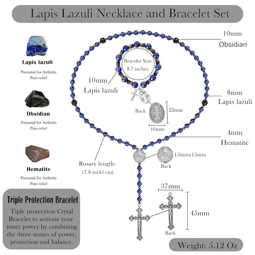 Rosary for Men Women, Natural Stone Beads with St. Benedict Bracelet - color: Lapis Lazuli