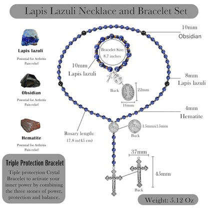 Rosary for Men Women, Natural Stone Beads with St. Benedict Bracelet - color: Lapis Lazuli