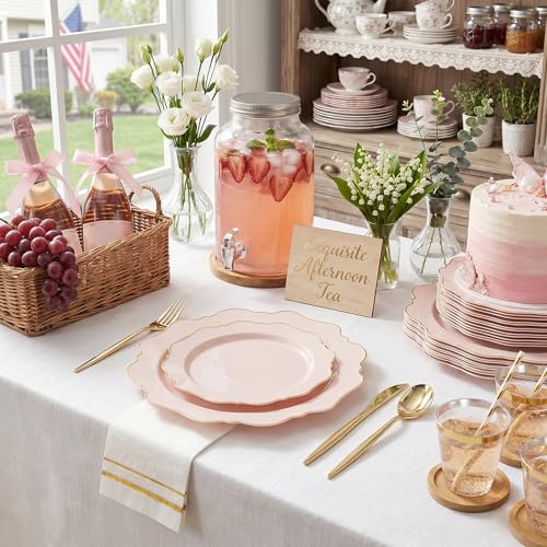 WDF 350Pcs Pink Plastic Plates - Pink and Gold Disposable Plates 50Guest Plastic Dinnerware for Baby Shower/Birthday/Wedding/Fall Party/Thanksgiving/Holidays - color: Pink and Gold, size: 350 pieces