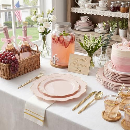 WDF 350Pcs Pink Plastic Plates - Pink and Gold Disposable Plates 50Guest Plastic Dinnerware for Baby Shower/Birthday/Wedding/Fall Party/Thanksgiving/Holidays - color: Pink and Gold, size: 350 pieces