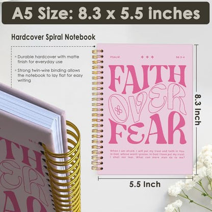 Wheatwin Faith Over Fear Christian Notebook, Bible Journal, Prayer Journal for Women & Men, Church Notes Journal, Scripture Hardcover Spiral Notebook 5.5x8.3 in - Pink - color: Faith over fear - Pink (bible-pink)