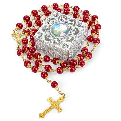 Red and Gold Pearl-Style Rosary Necklace with Metal Gift Box, 8mm, 22 Inch - color: Red